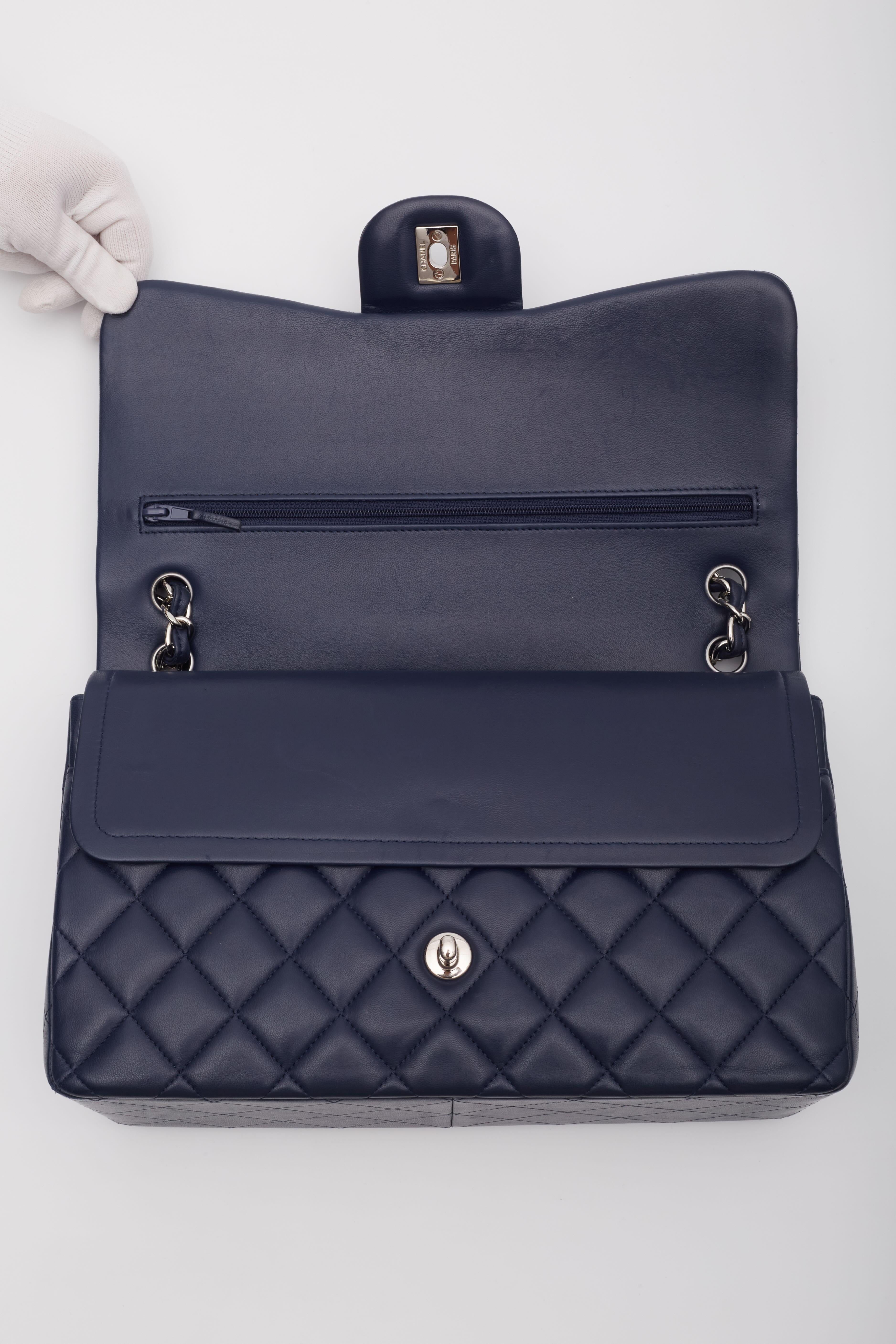 Chanel Lambskin Navy Blue Quilted Double Flap Bag Medium For Sale 5