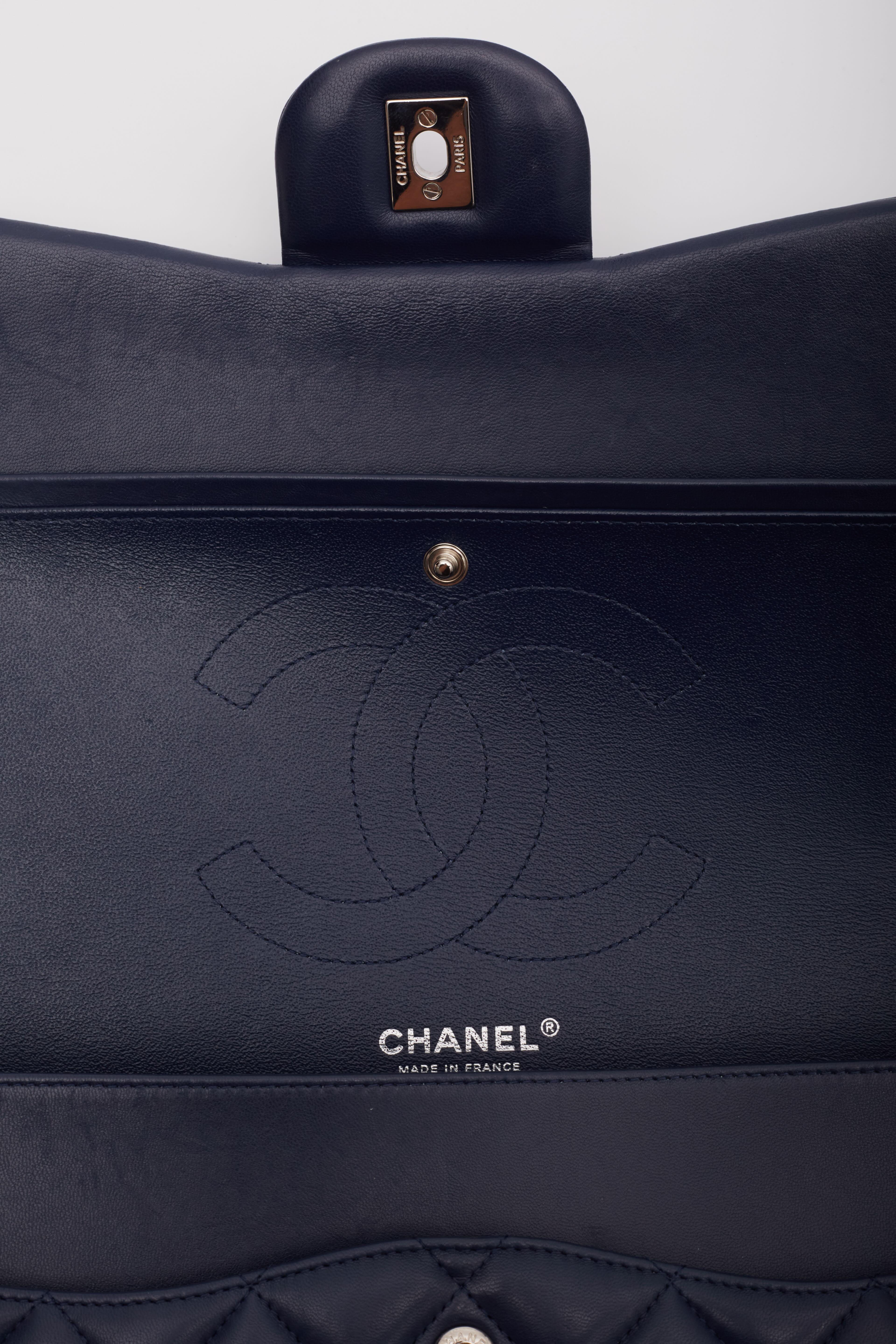 Chanel Lambskin Navy Blue Quilted Double Flap Bag Medium For Sale 6