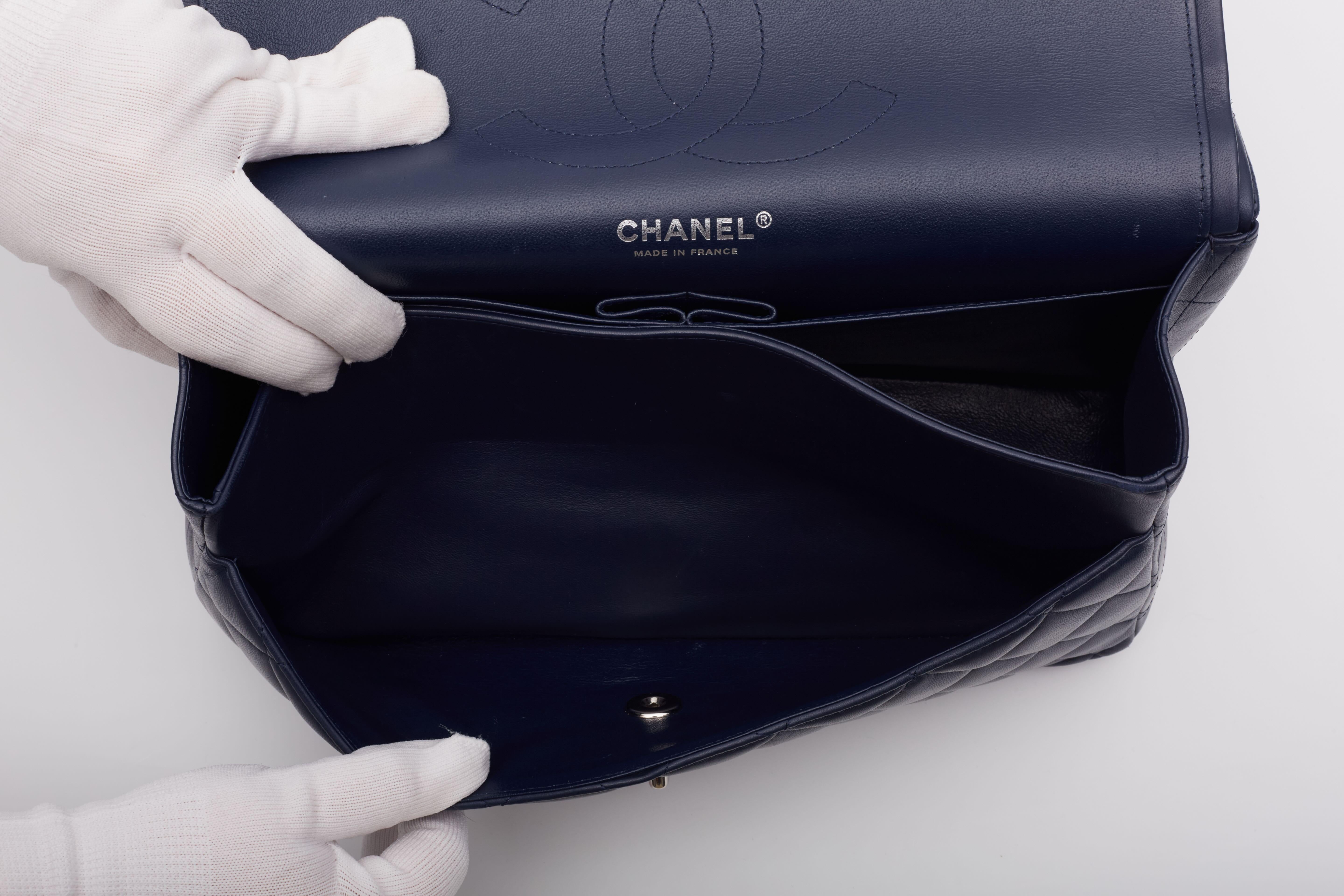 Chanel Lambskin Navy Blue Quilted Double Flap Bag Medium For Sale 8