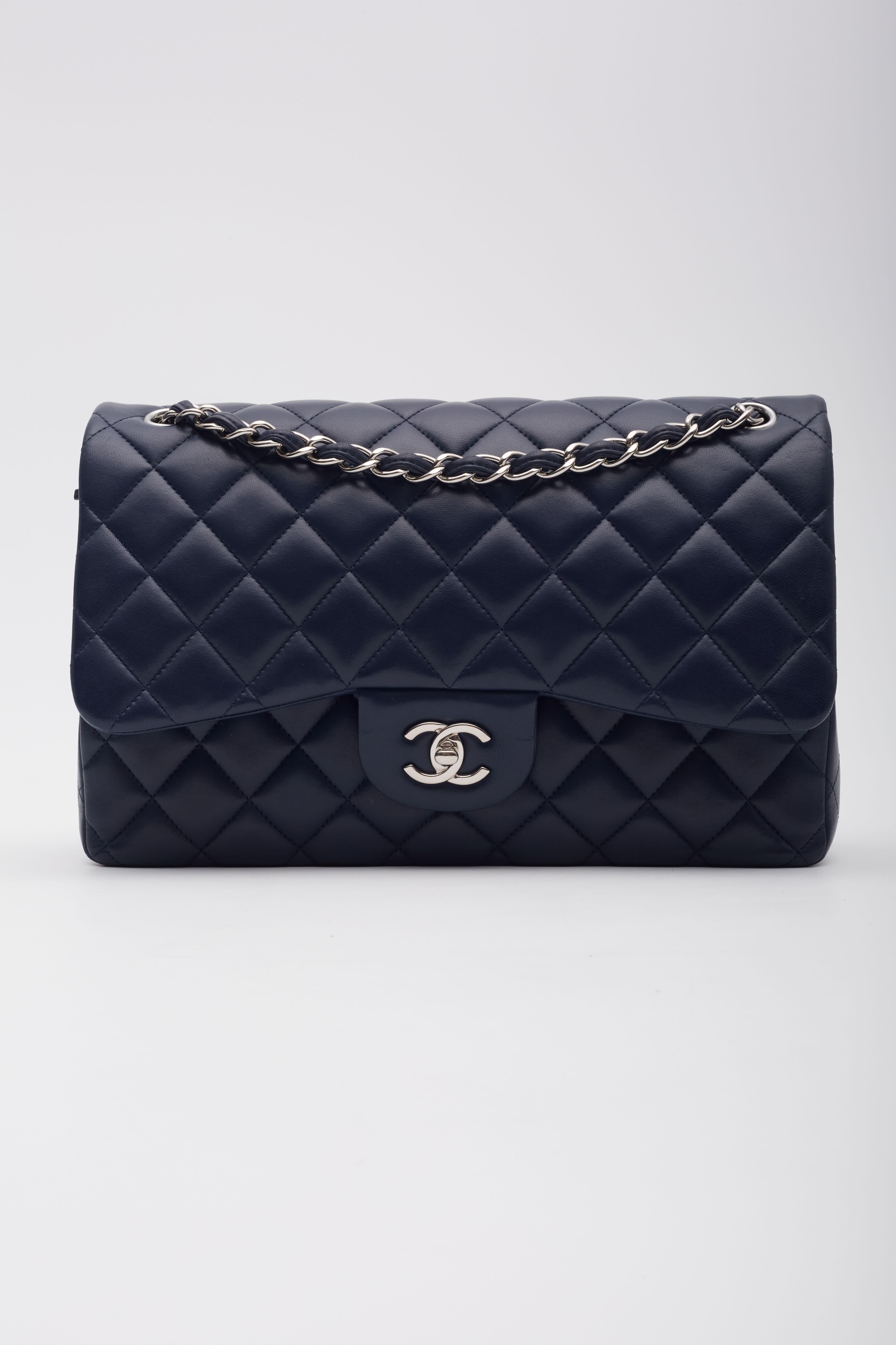 Black Chanel Lambskin Navy Blue Quilted Double Flap Bag Medium For Sale
