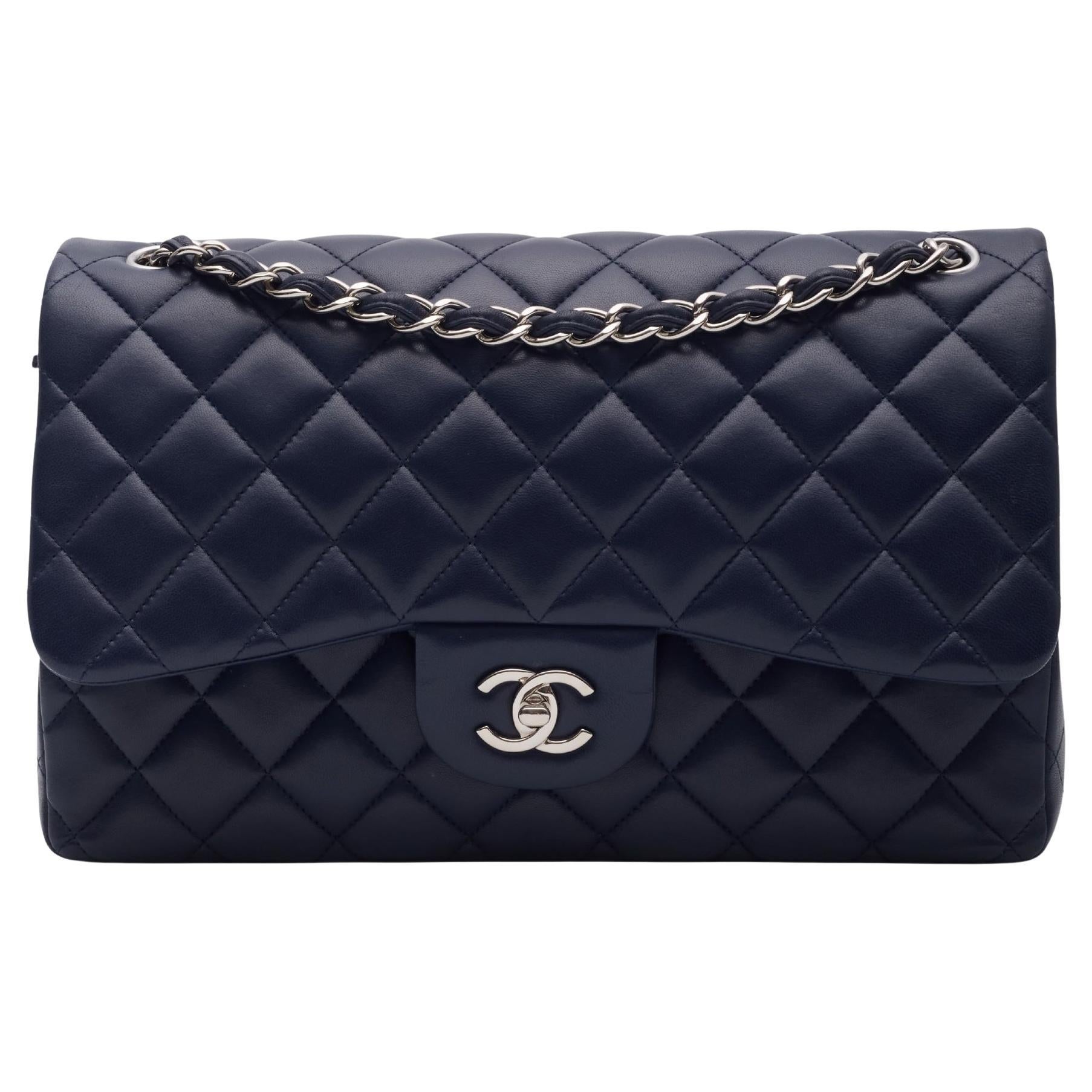 Chanel Lambskin Navy Blue Quilted Double Flap Bag Medium For Sale