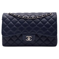 Chanel Lambskin Navy Blue Quilted Double Flap Bag Medium