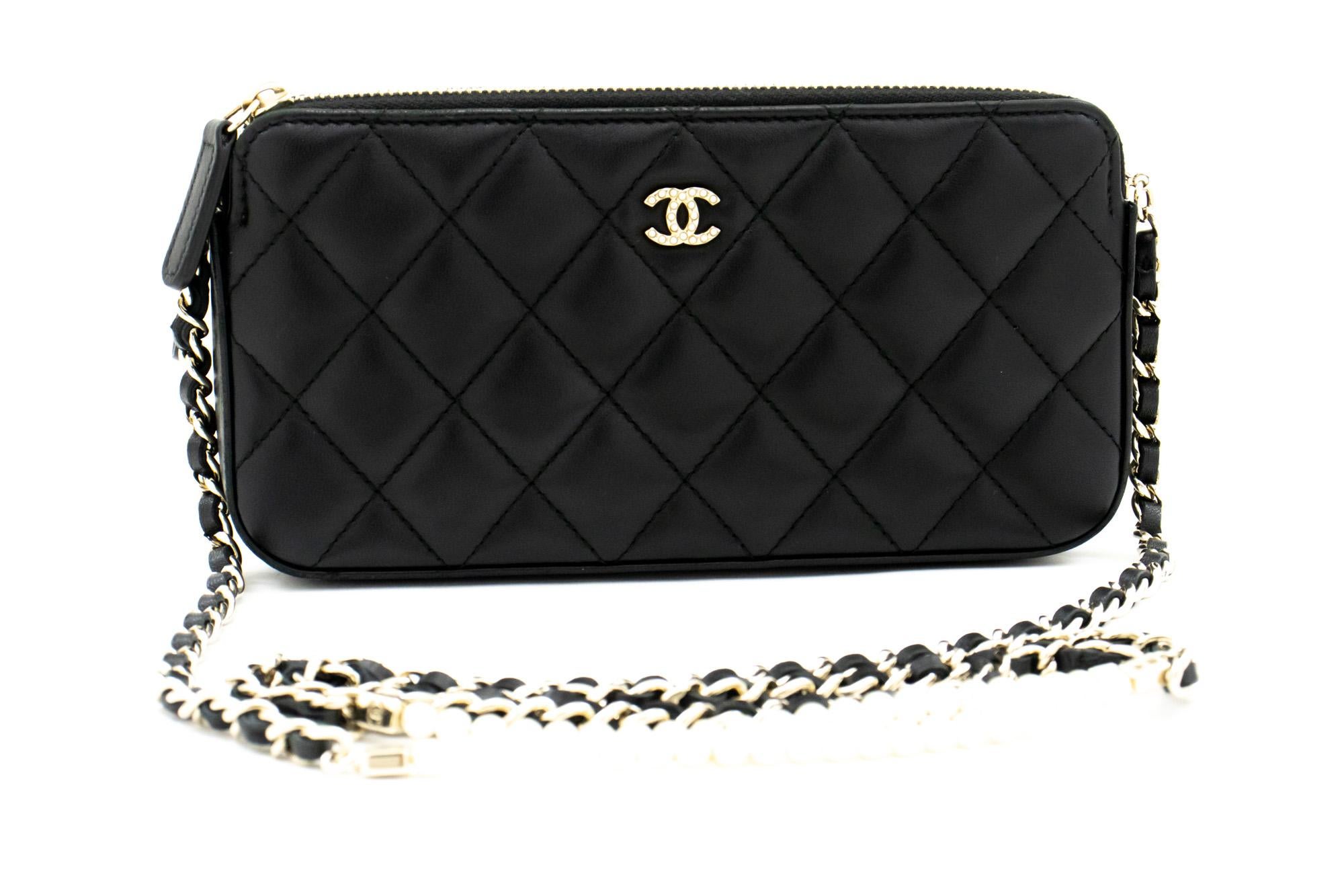 An authentic CHANEL made of black Lambskin Pearl Wallet On Chain WOC Double Zip Chain Bag. The color is Black. The outside material is Leather. The pattern is Solid. This item is Contemporary. The year of manufacture would be 2016.
Conditions &
