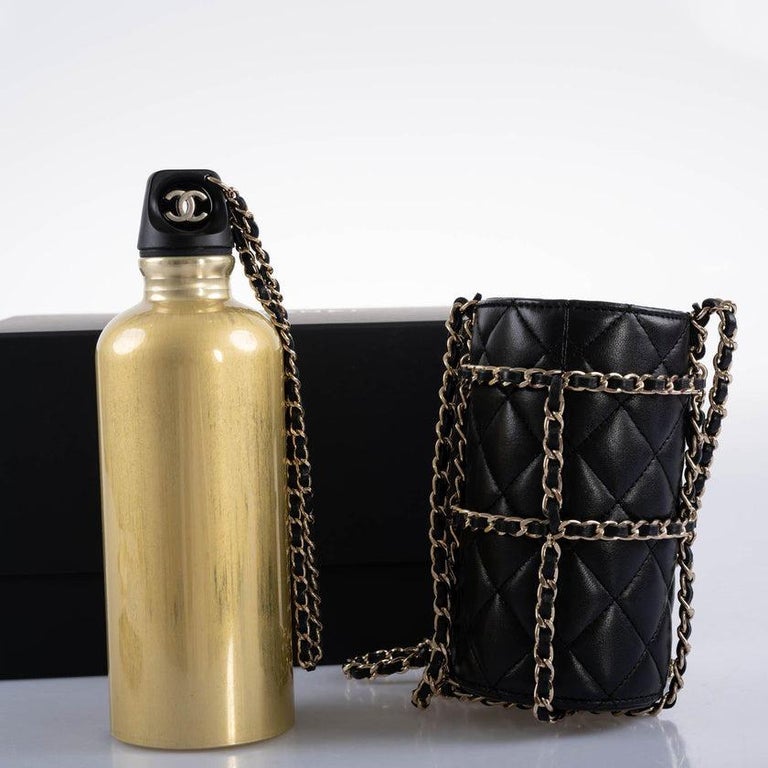 CHANEL Lambskin Quilted CC To Drink Water Bottle Black Gold 447969