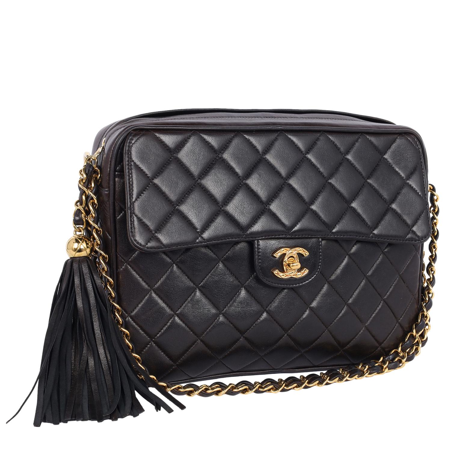 Women's Chanel Lambskin Quilted Flap Camera Tassel Case Shoulder Bag Black For Sale