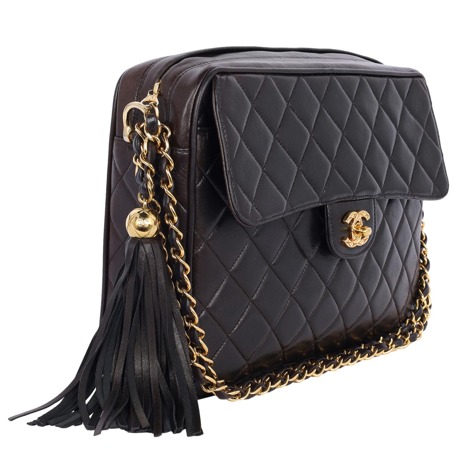 Chanel Lambskin Quilted Flap Camera Tassel Case Shoulder Bag Black For Sale 1