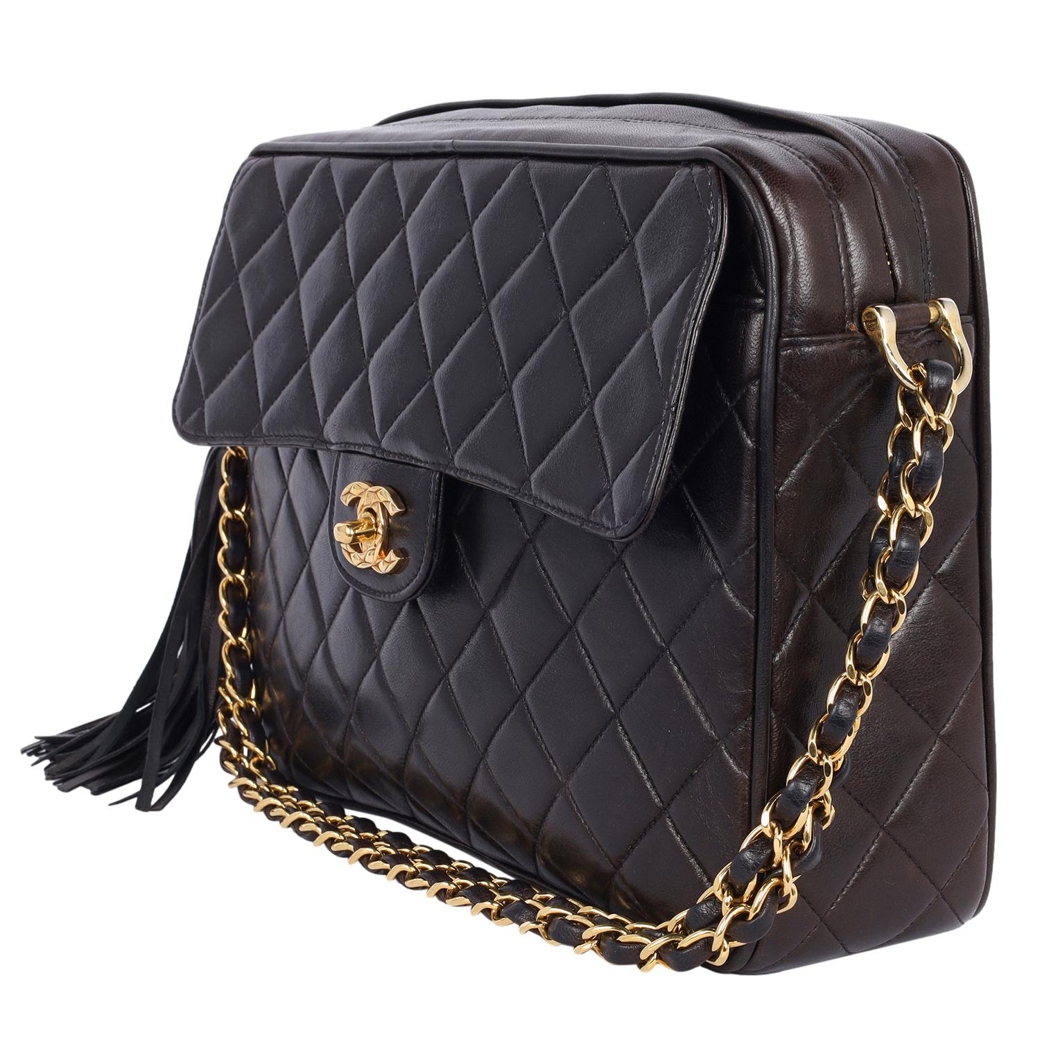 Chanel Lambskin Quilted Flap Camera Tassel Case Shoulder Bag Black For Sale 2