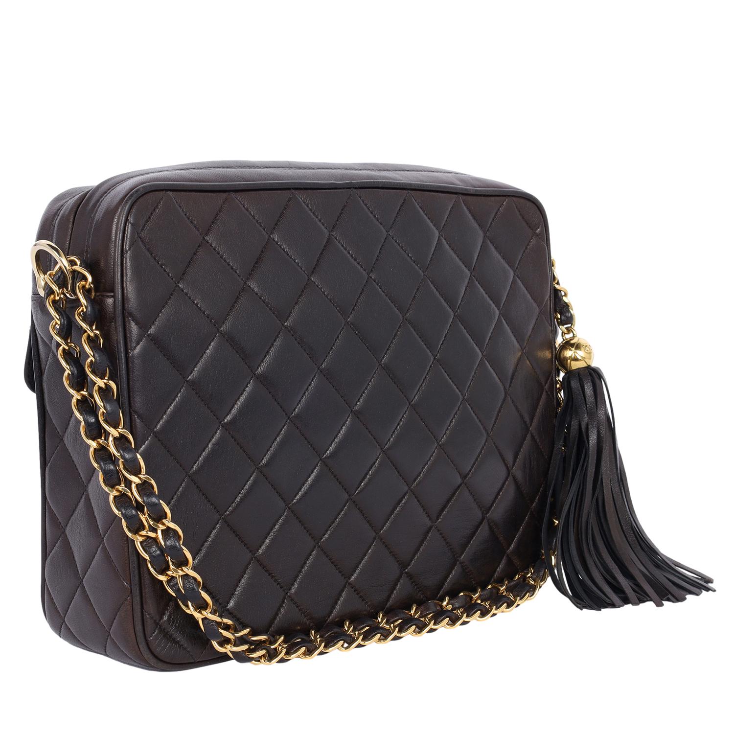 Chanel Lambskin Quilted Flap Camera Tassel Case Shoulder Bag Black For Sale 4