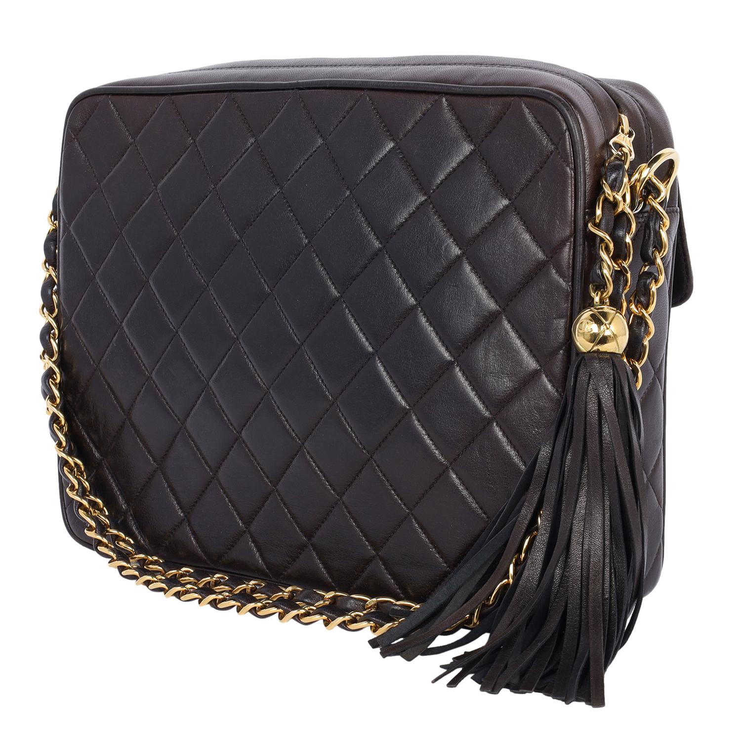 Chanel Lambskin Quilted Flap Camera Tassel Case Shoulder Bag Black For Sale 5