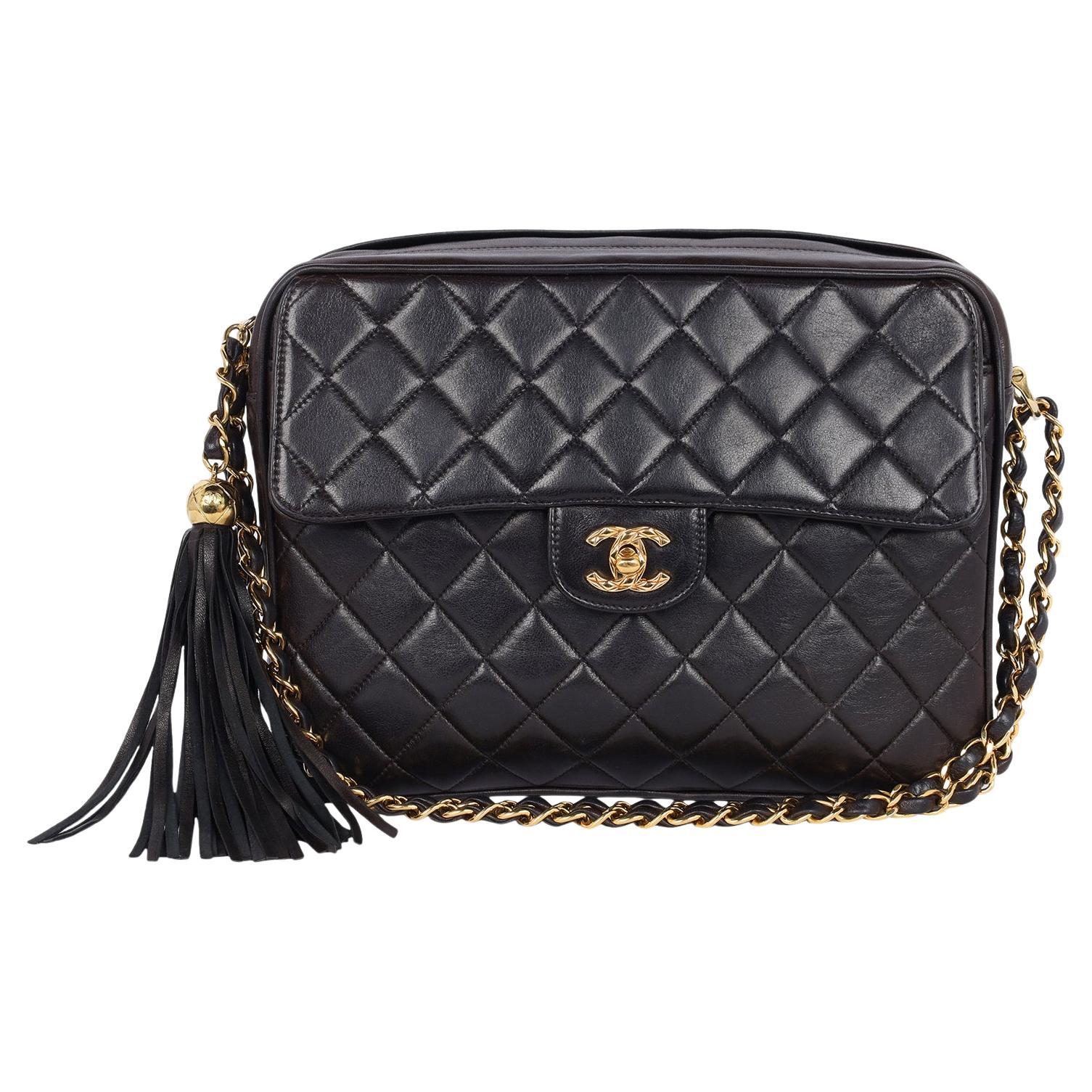 Chanel Lambskin Quilted Flap Camera Tassel Case Shoulder Bag Black For Sale