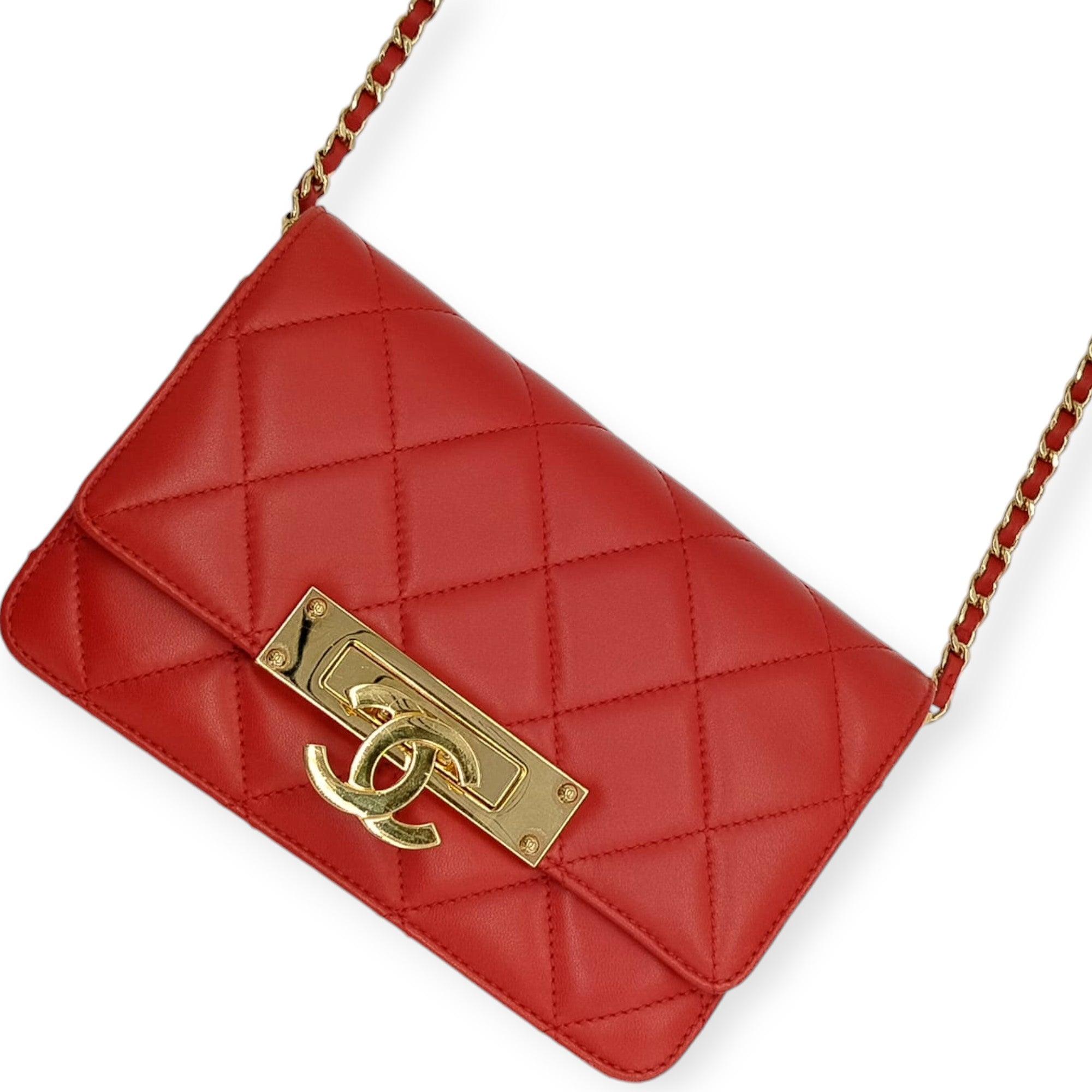 Red Chanel Lambskin Quilted Golden Class Wallet on Chain - '10s