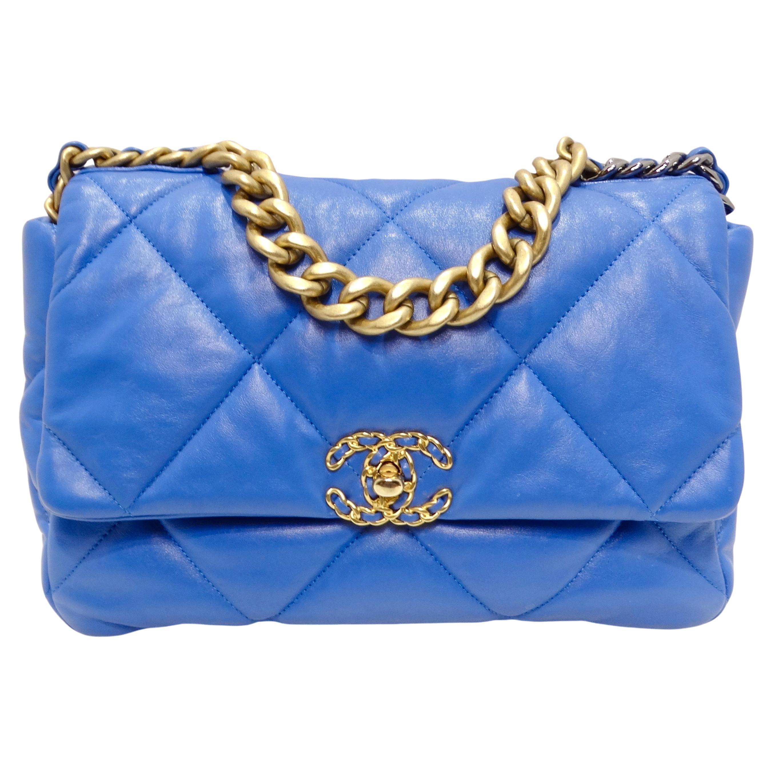 Chanel Lambskin Quilted Medium 19 Flap Bag Blue For Sale