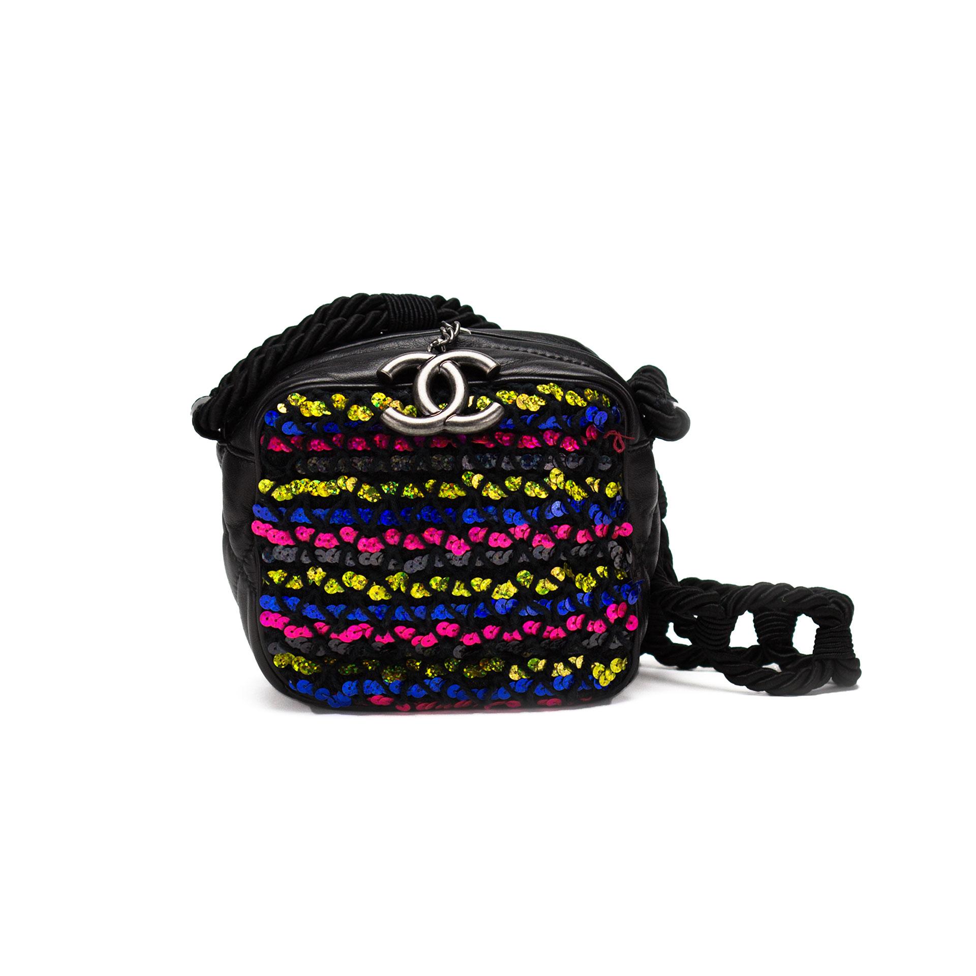 Black Chanel Lambskin Quilted Mini Sequin Rainbow Camera Crossbody Tote For Sale