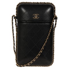 Chanel Lambskin Quilted Phone Case Holder Black Leather Crossbody Bag On A Chain