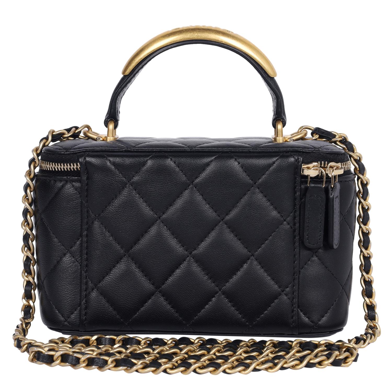 Women's Chanel Lambskin Quilted Small Top Handle Vanity Case Black Crossbody Bag