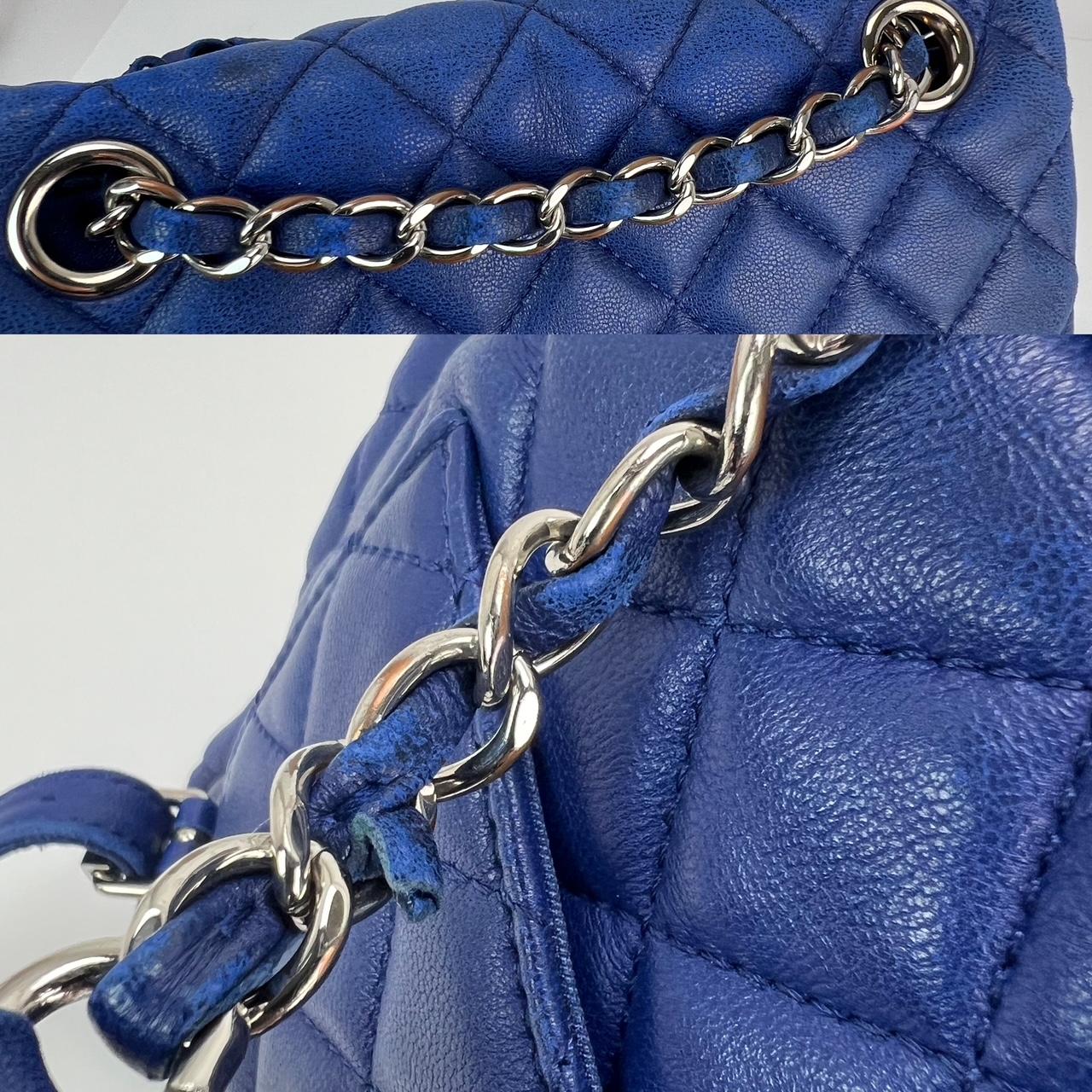 Pre-Owned  100% Authentic
Chanel Lambskin Quilted Small Urban Spirit Blue Backpack Bag
RATING: B-...Good, shows some signs of wear
MATERIAL: lambskin
STRAP: adjustable sliding, leather and chain, leather strap has some rubbing 
in spots but because