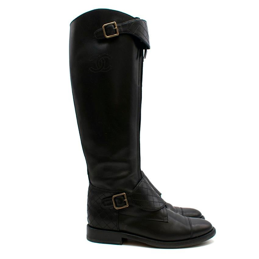 Black  Chanel Lambskin Riding Boots with Quilted Stitch Detail 39.5 FR
