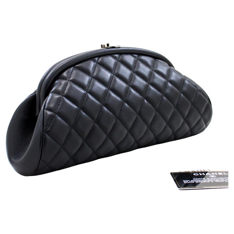 CHANEL Lambskin Timeless Clutch Bag Black Quilted Silver Hardware