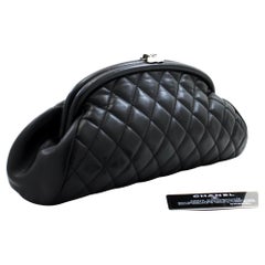 CHANEL Lambskin Timeless Clutch Bag Black Quilted Silver Hardware