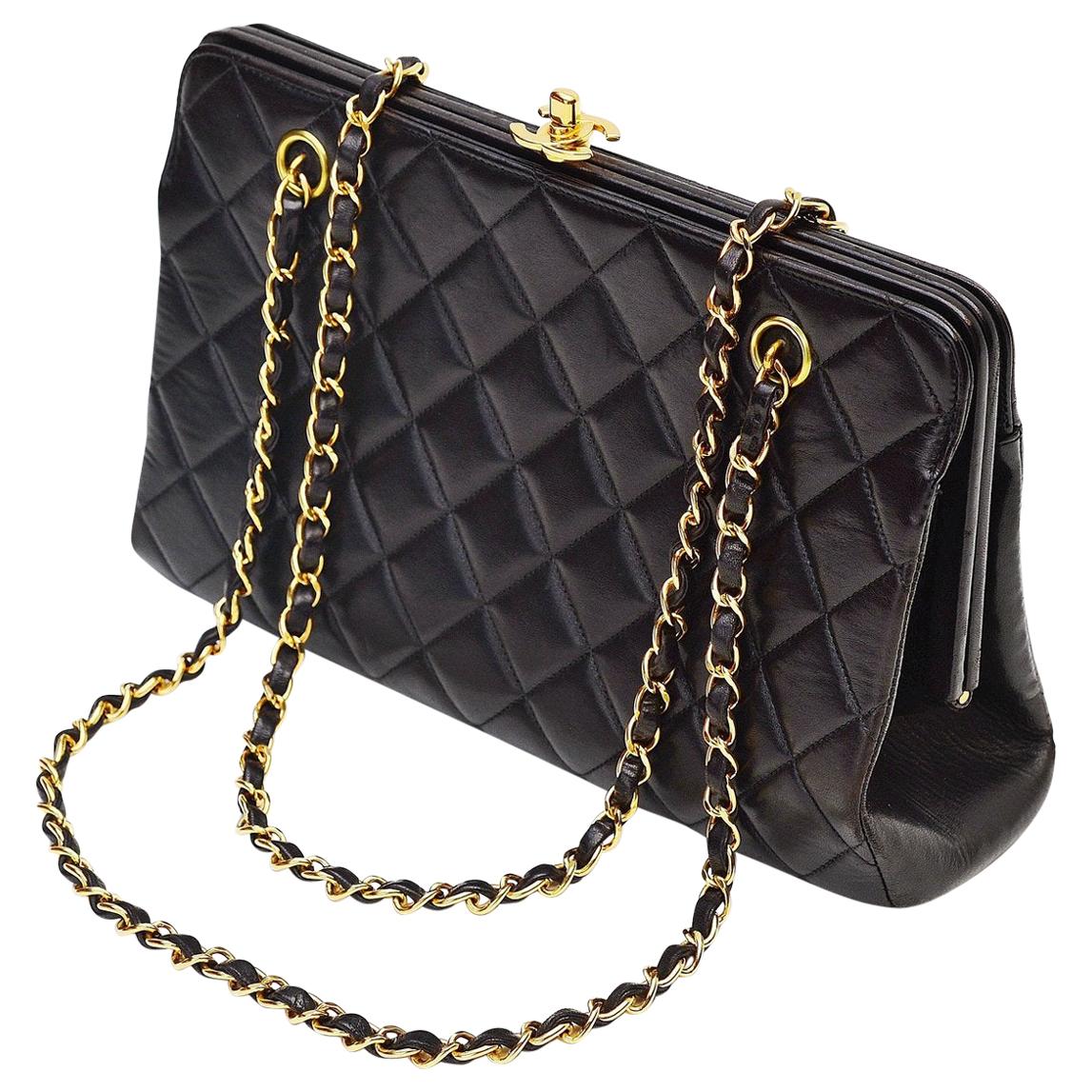 CHANEL Full Flap Chain Shoulder Bag Clutch Black Quilted Lambskin