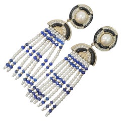 CHANEL Lapislázuli Perla de imitación Pendientes CC Chandelier