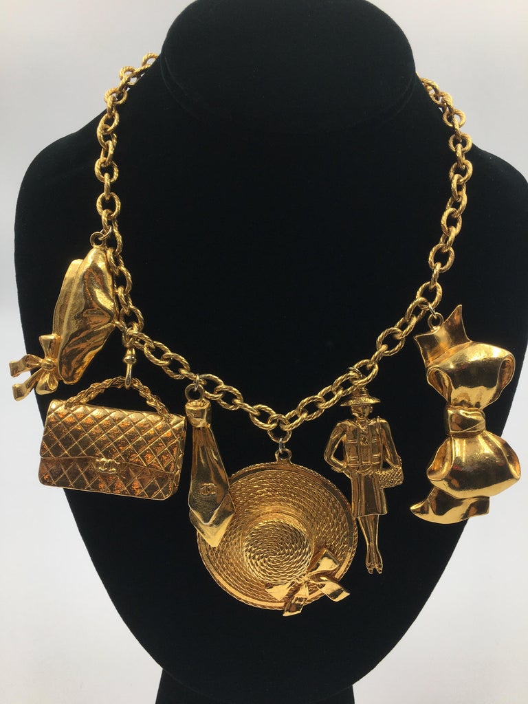 Chanel large 6 Charm Necklace rare iconic gold tone metal
