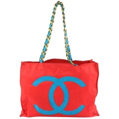 Vintage Chanel Large Bicolor Cc Logo Chain 20cz1106 Red Nylon Tote