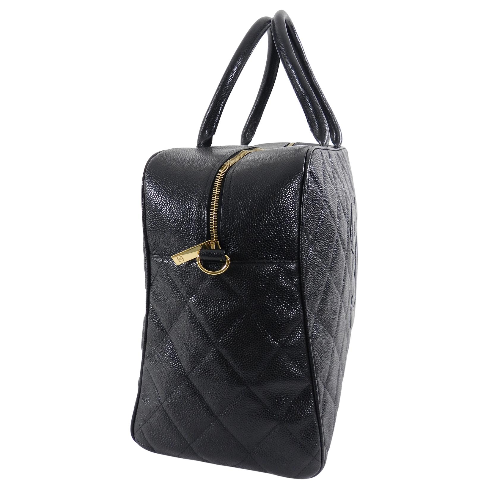 Women's Chanel Large Black Caviar CC Zip Top Overnight Duffle Bowling Bag