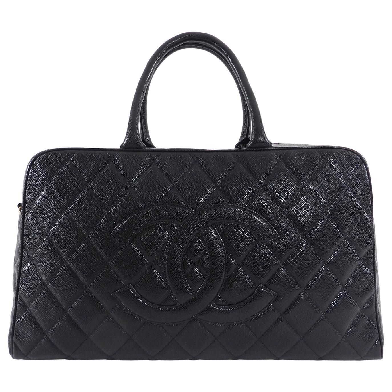Chanel Large Black Caviar CC Zip Top Overnight Duffle Bowling Bag