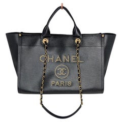 Chanel Large Black Caviar Studded Logo Deauville Tote