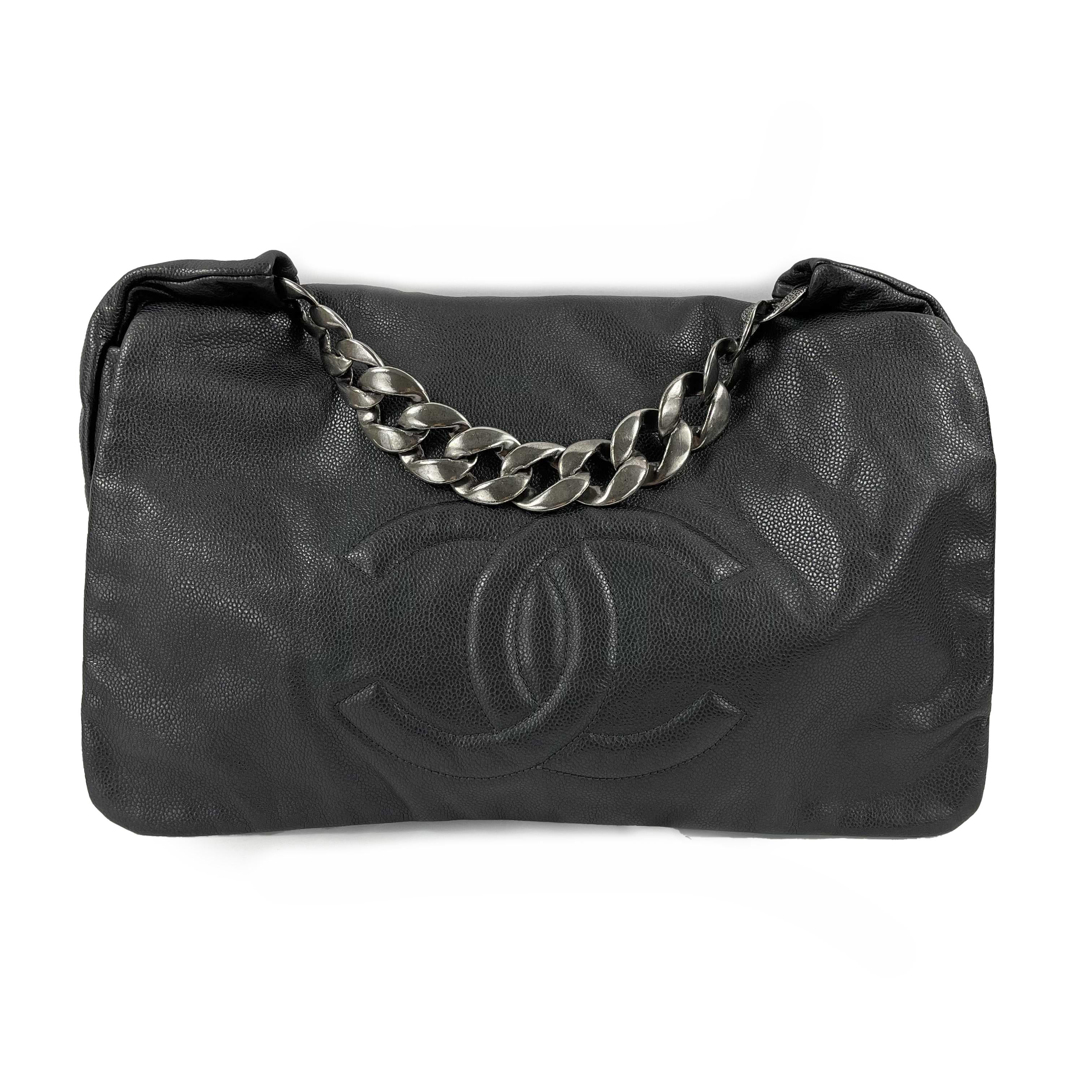 CHANEL Large Black CC Caviar Flap 31 Matte Silver Chain Strap Shoulder Bag 3