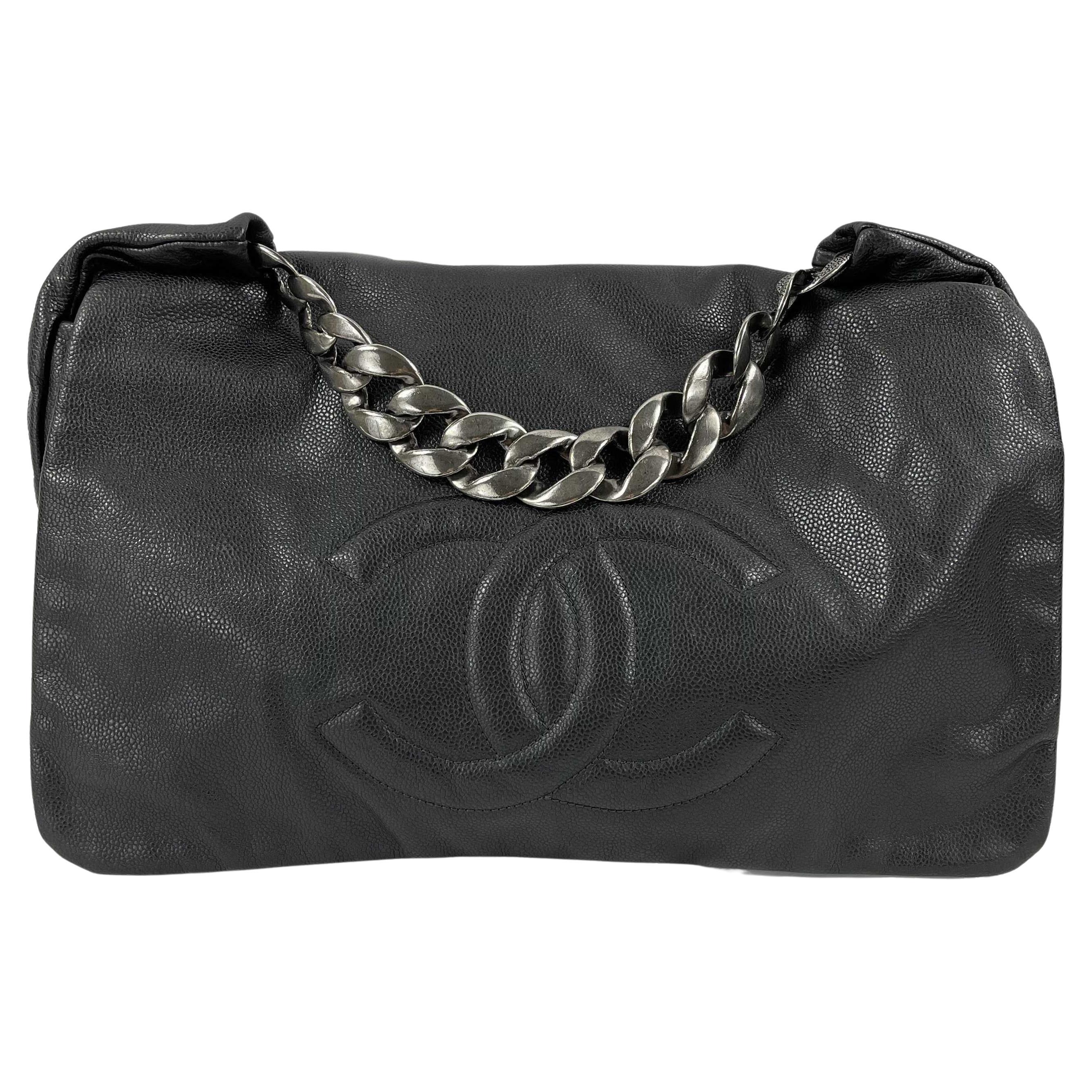 CHANEL Large Black CC Caviar Flap 31 Matte Silver Chain Strap Shoulder Bag
