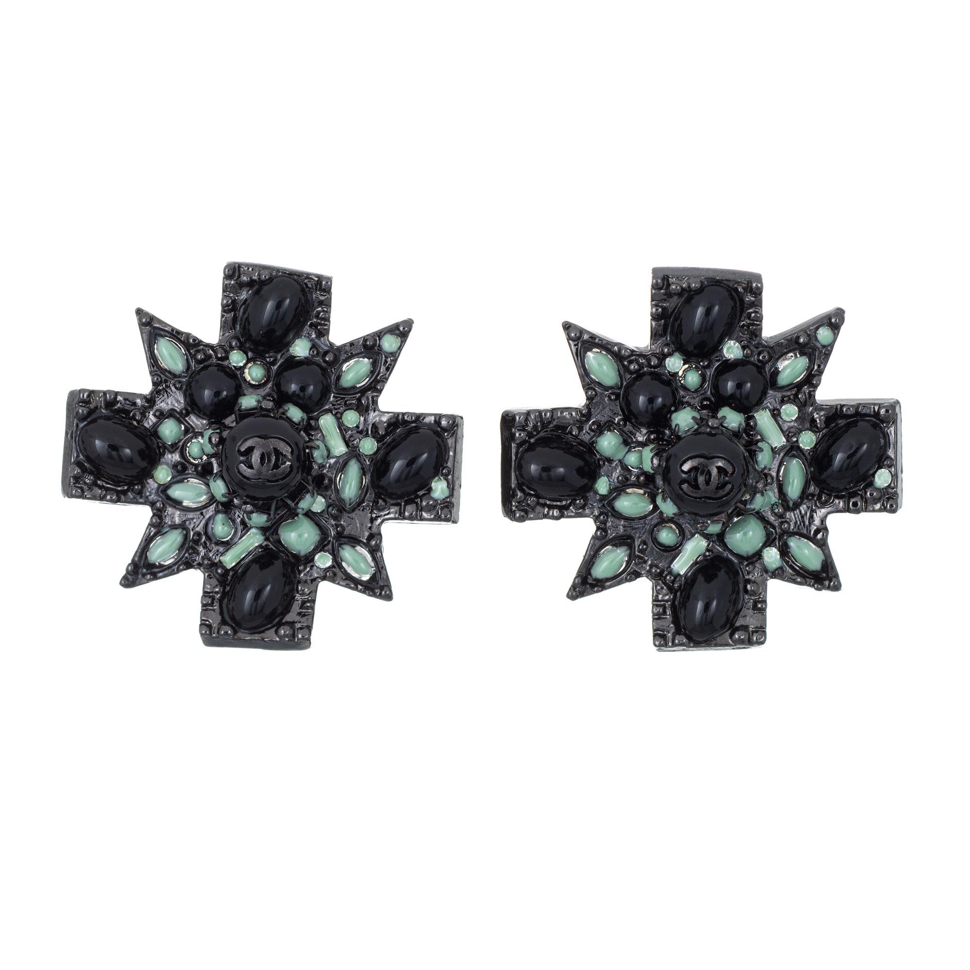 Gothic Revival Chanel Large Black Cross Earrings c2011 Clip On Green Enamel CC Logo Gothic For Sale