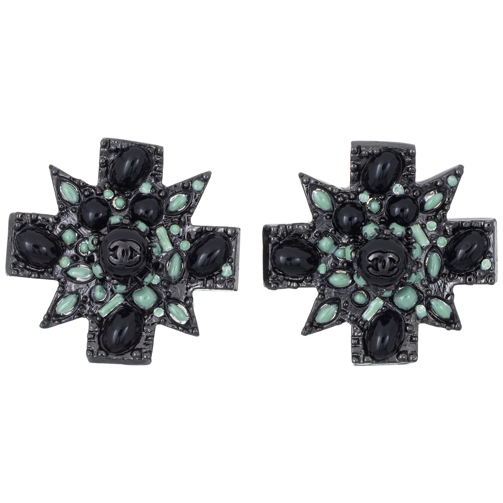 Chanel Large Black Cross Earrings c2011 Clip On Green Enamel CC Logo Gothic For Sale