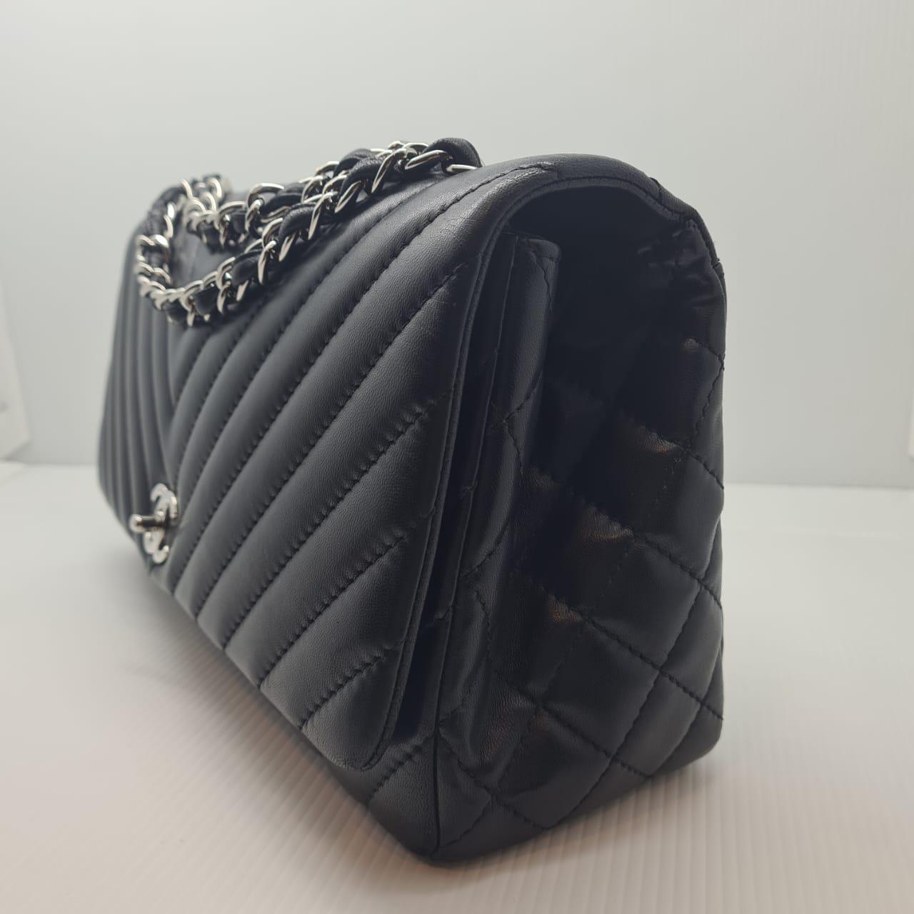Chanel Large Black Lambskin Chevron Quilted Single Flap Bag For Sale 9