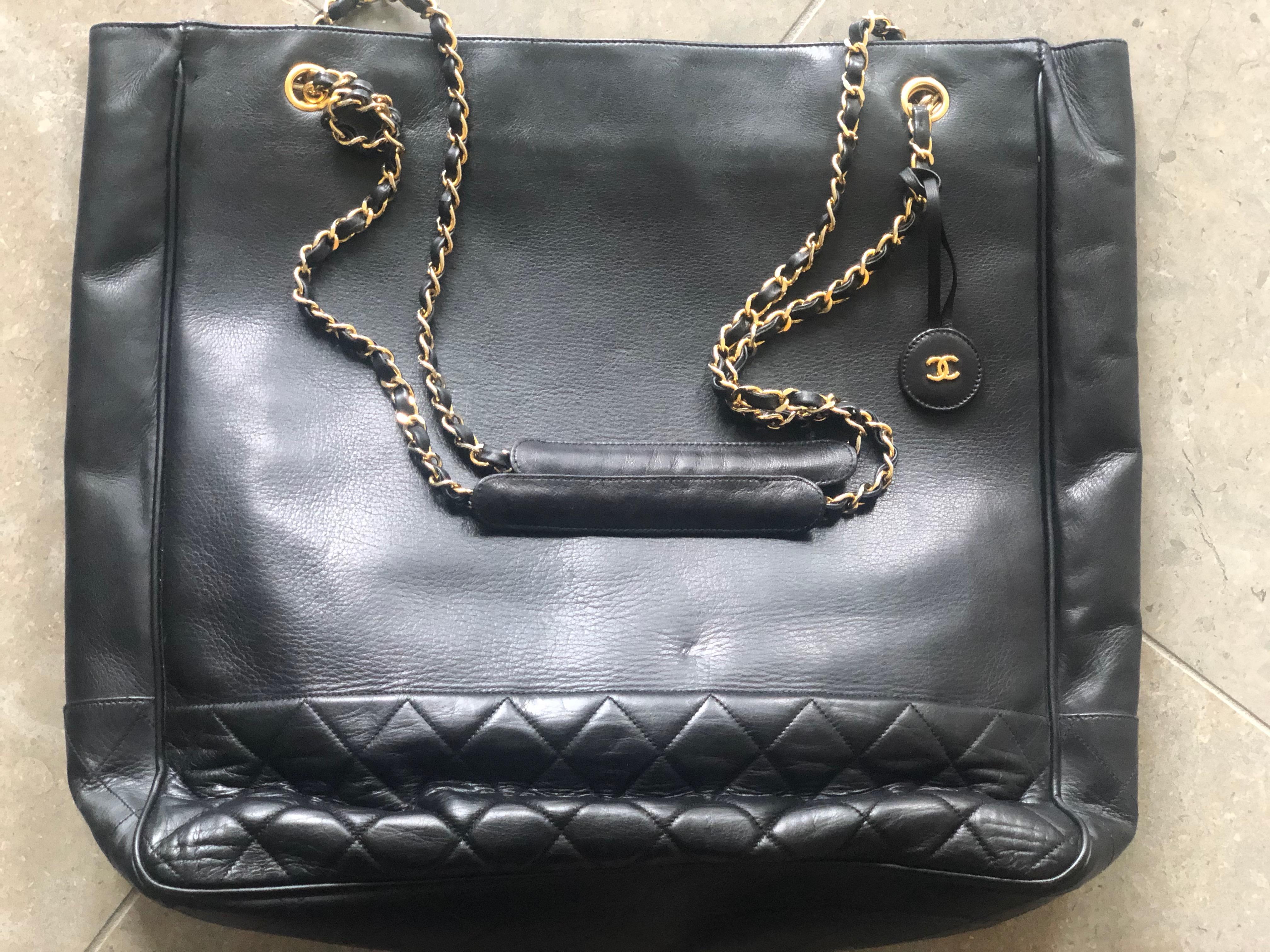 Gray Chanel Large Black Leather Shoulder Bag with Gold Hardware and Quilted Details  For Sale