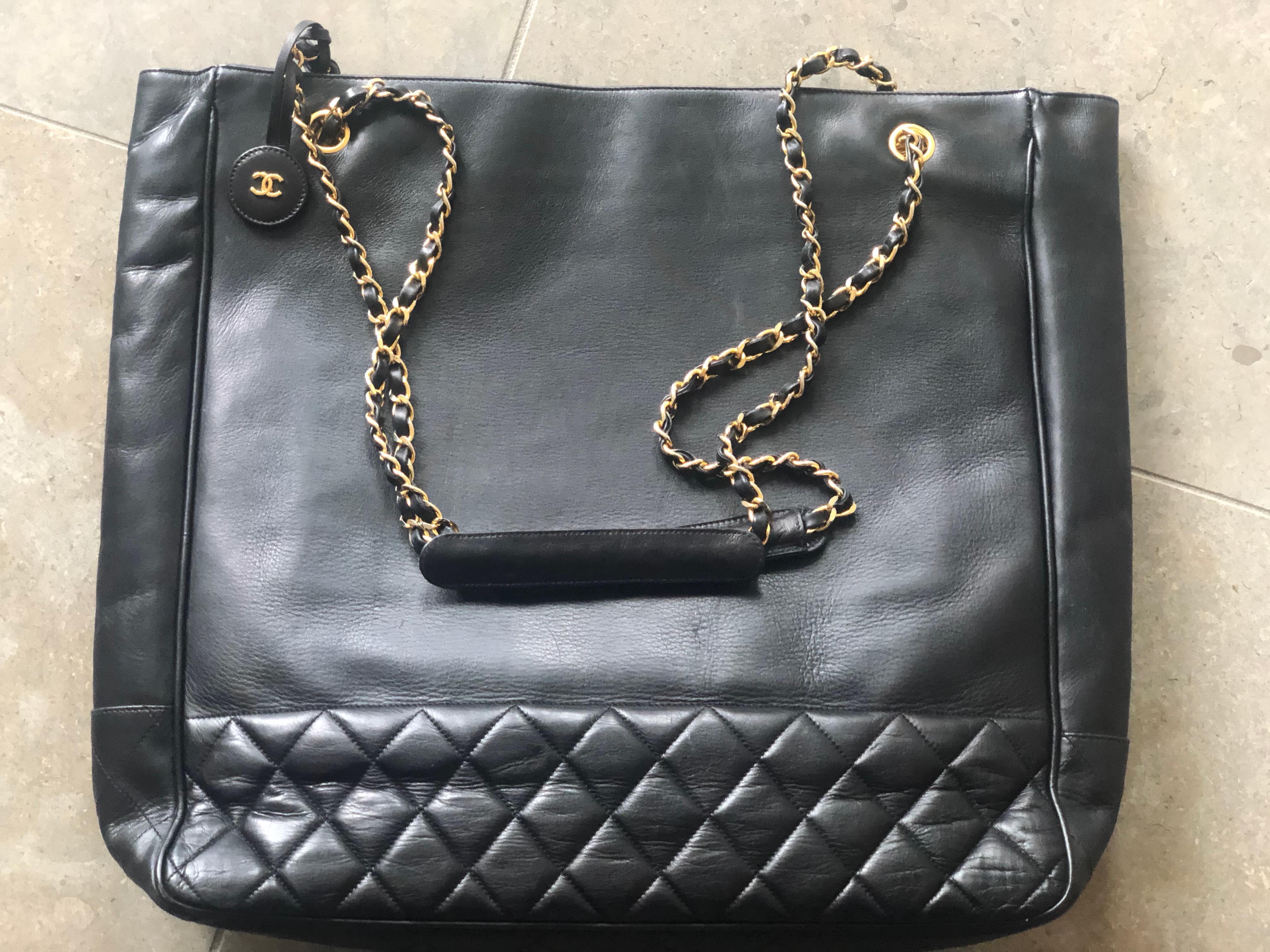 Chanel Large Black Leather Shoulder Bag with Gold Hardware and Quilted Details  For Sale 1