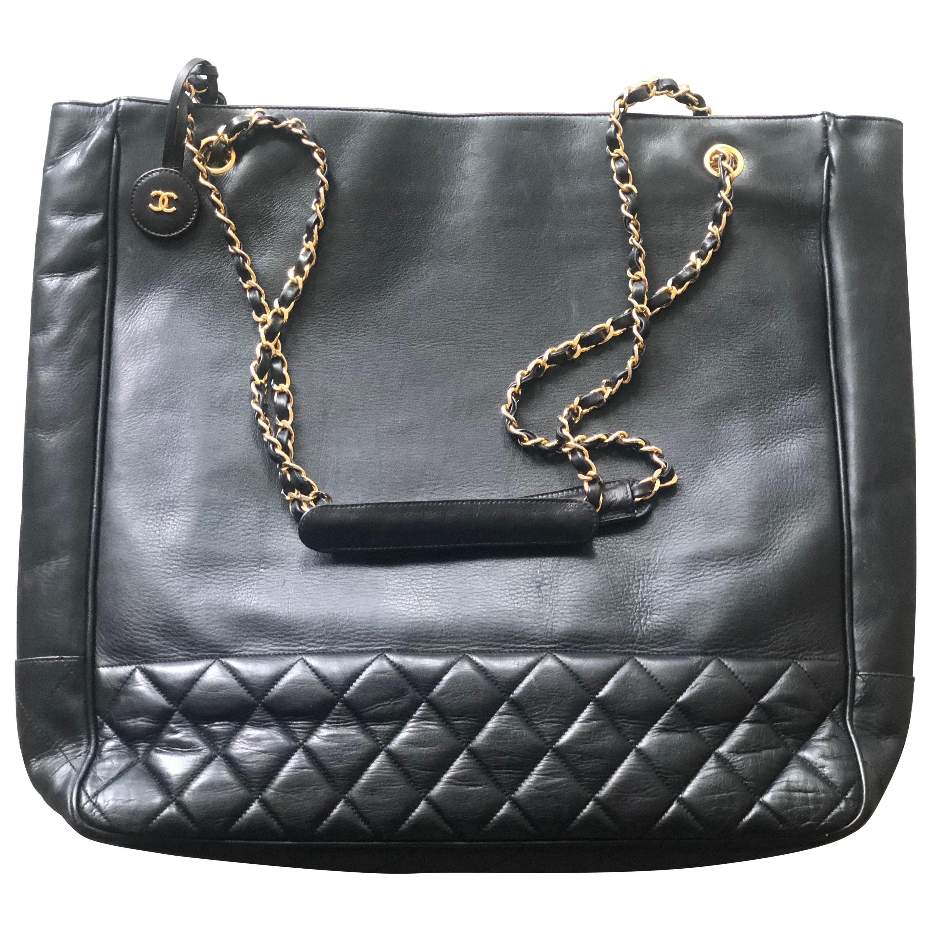 Chanel Large Black Leather Shoulder Bag with Gold Hardware and Quilted Details  For Sale