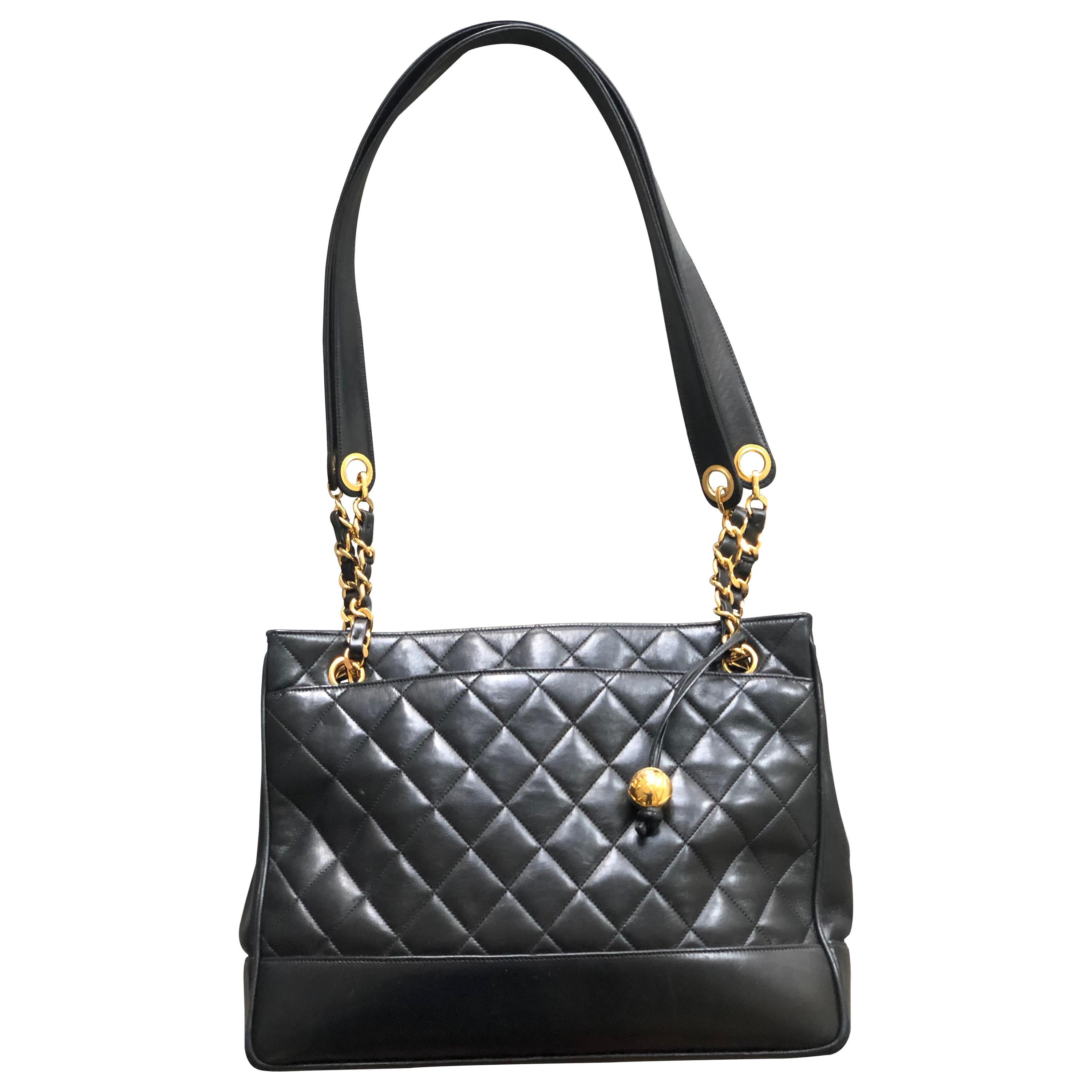 Chanel Large Black Leather Shoulder Bag with Gold Hardware and Quilted Details  For Sale