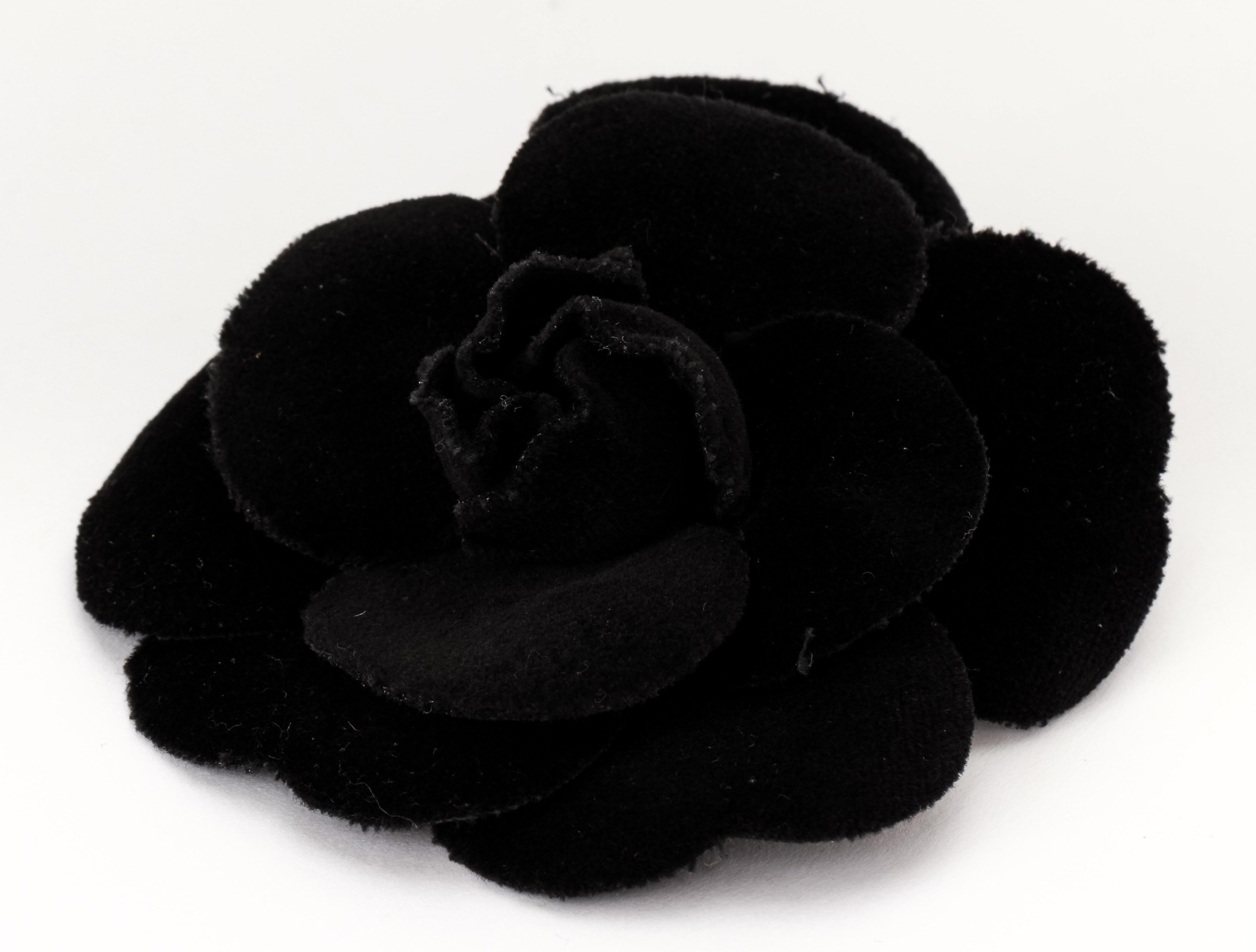 Chanel new large black velvet camellia brooch, 3.5