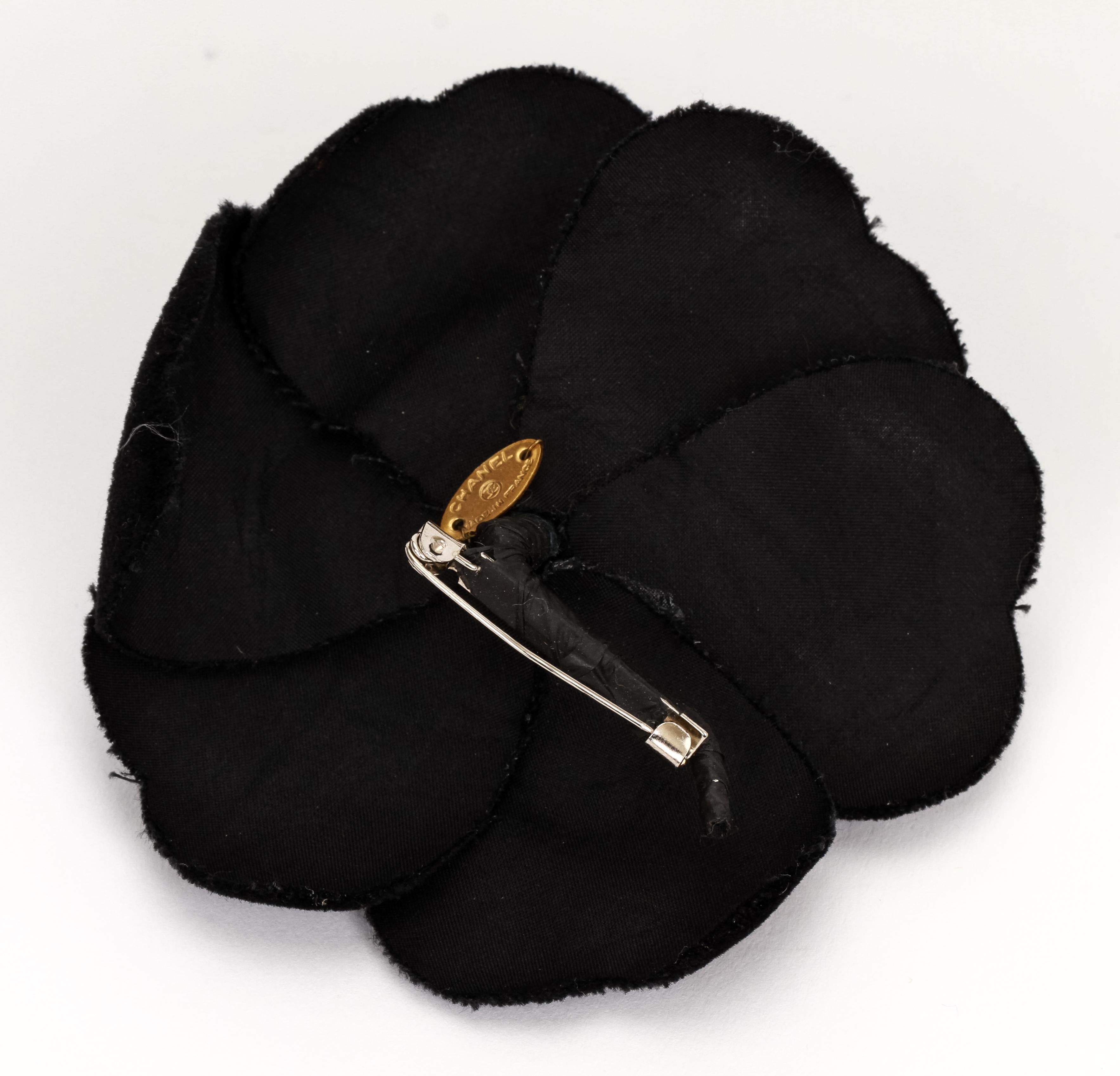 Black Chanel large black velvet camelia brooch For Sale