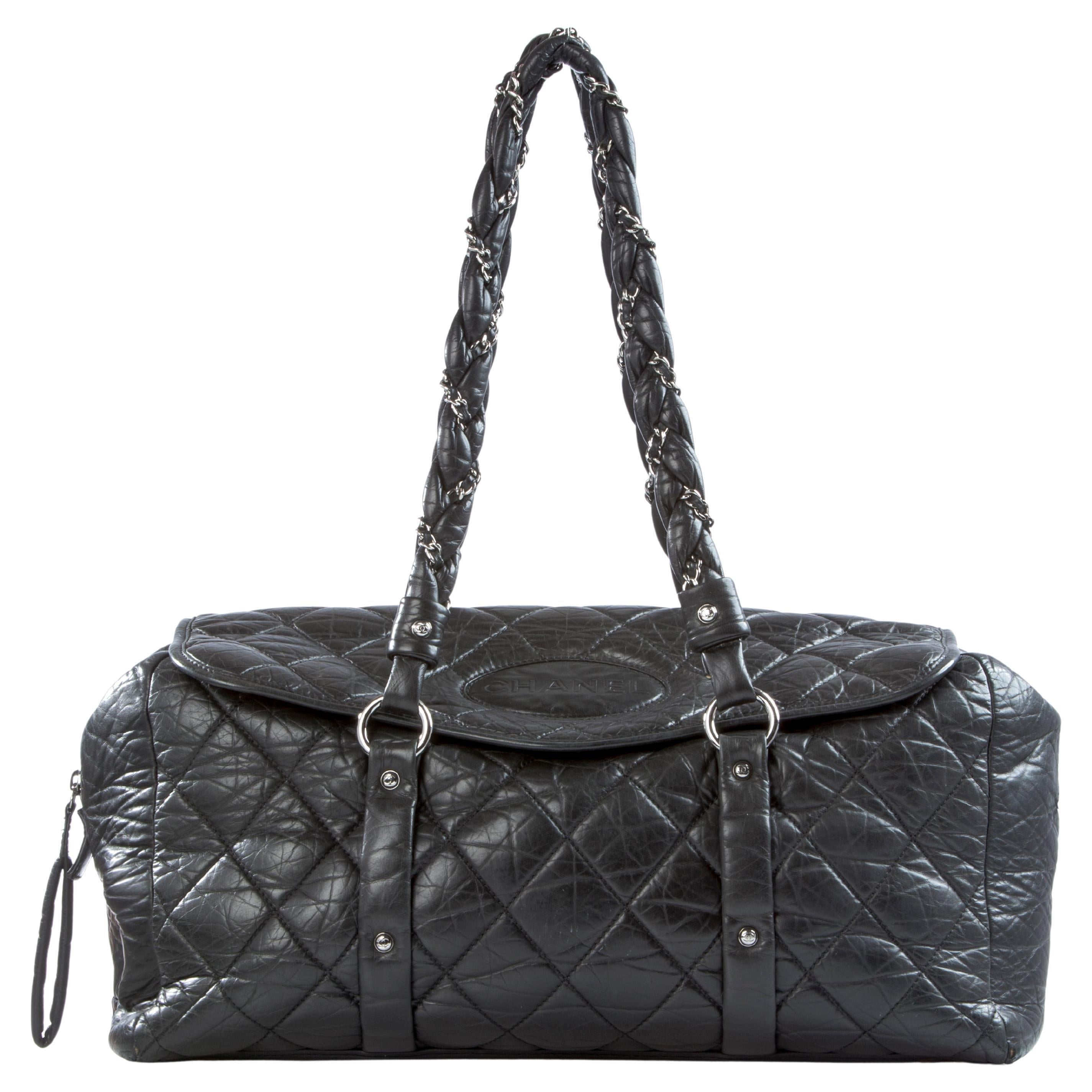 Chanel Large Blck Calfskin Leather Quilted Distressed Tote