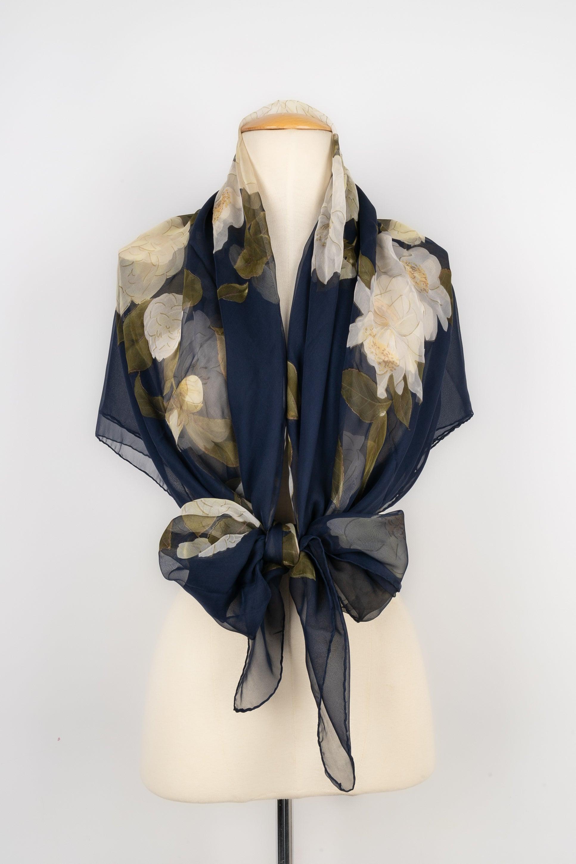 Black Chanel Large Blue Silk Scarf Printed with Flowers