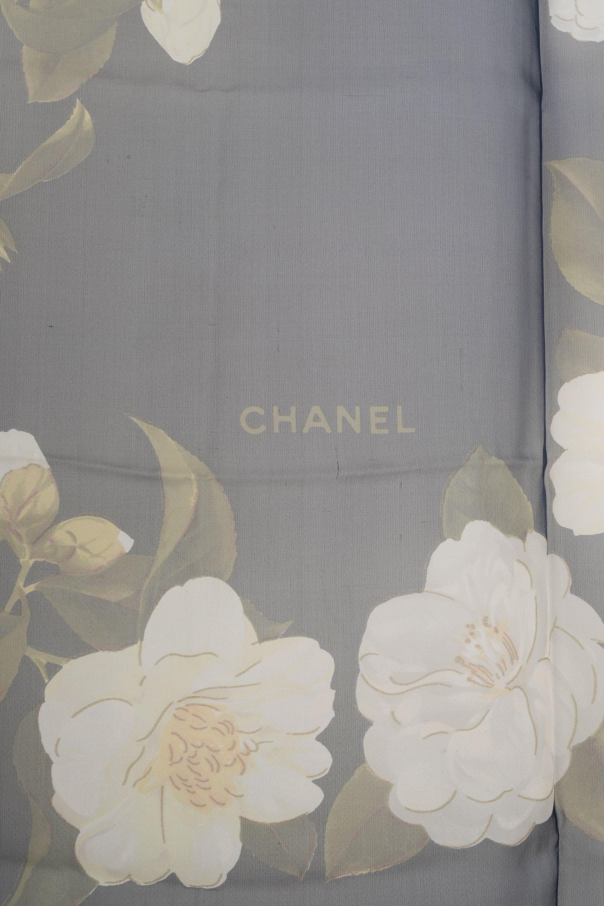 Women's Chanel Large Blue Silk Scarf Printed with Flowers