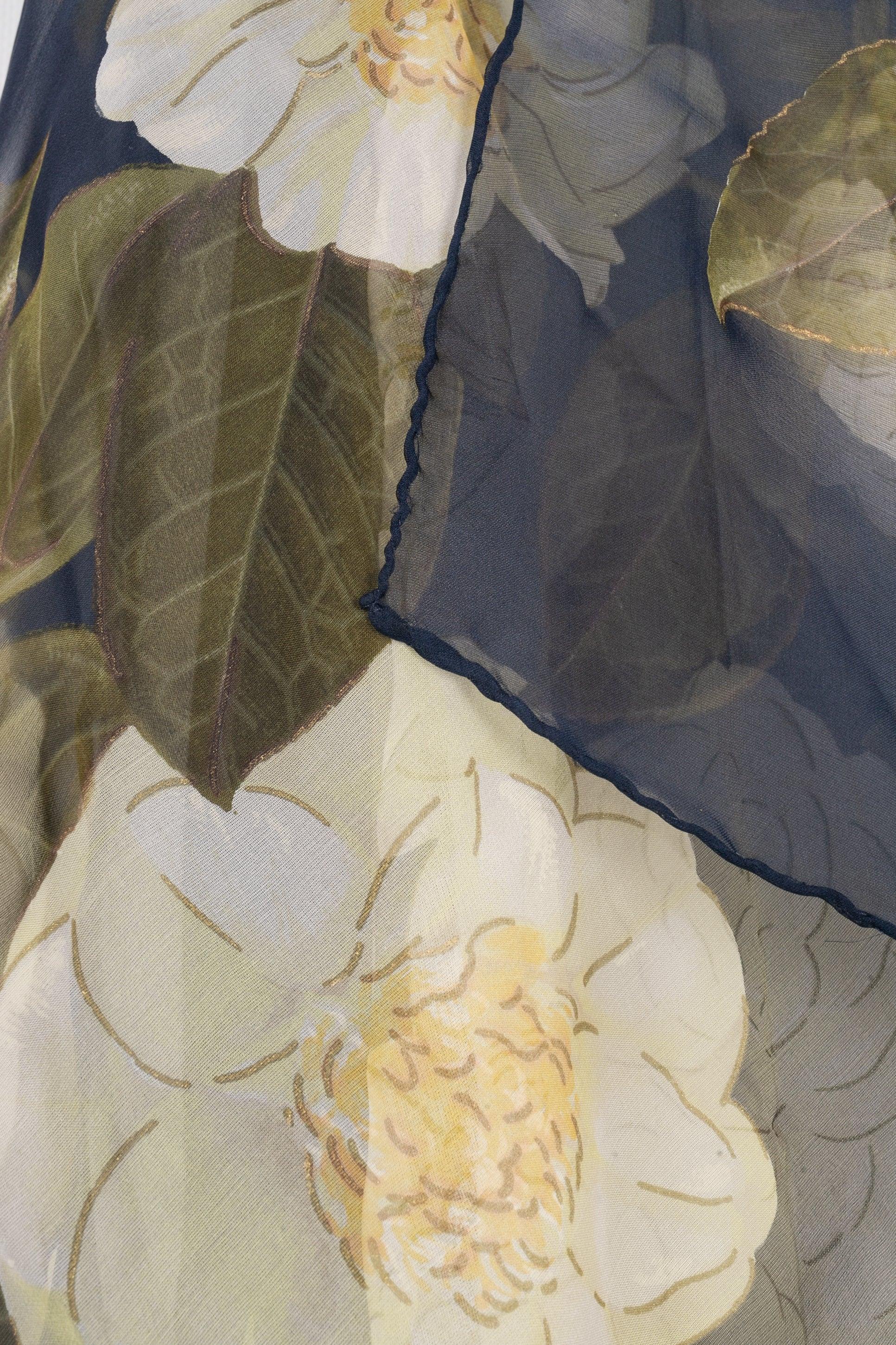 Chanel Large Blue Silk Scarf Printed with Flowers 1
