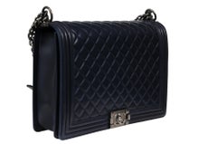 Chanel Large Boy Bag Flap Quilted Lambskin Navy Blue Leather CC Logo Crossbody