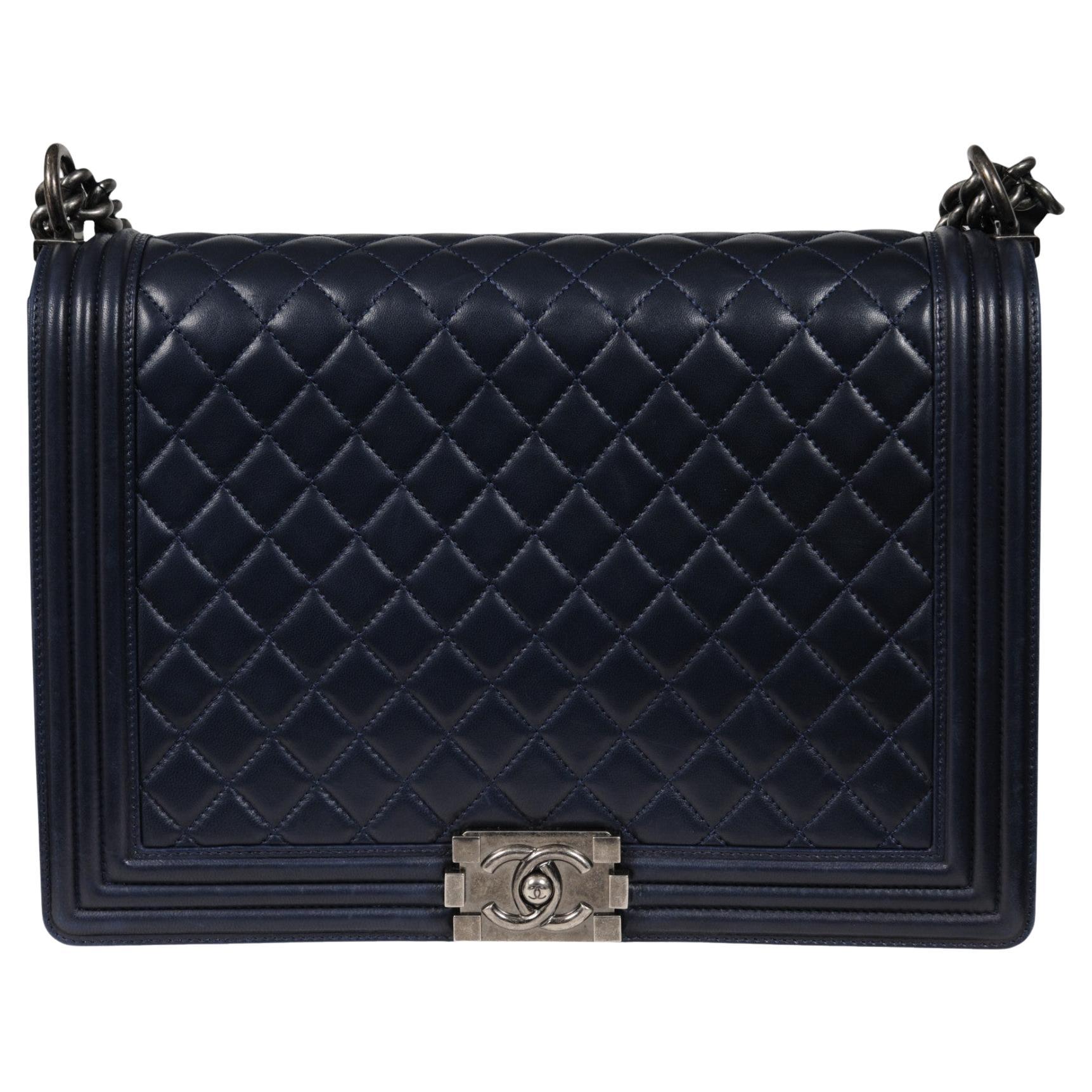 Chanel Large Boy Bag Flap Quilted Lambskin Navy Blue Leather CC Logo Crossbody
