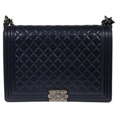 Chanel Large Boy Bag Flap Quilted Lambskin Navy Blue Leather CC Logo Crossbody