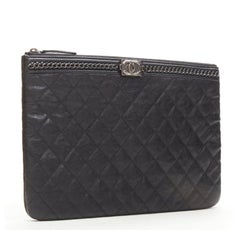 CHANEL Large Boy O Case black quilted leather chain trim flat pouch clutch bag
