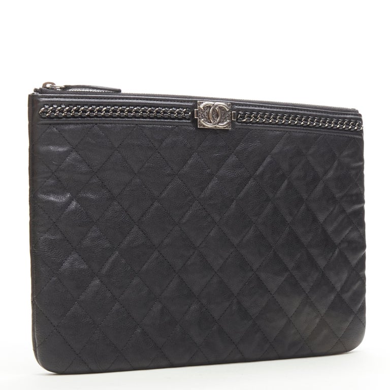 CHANEL Large Boy O Case black quilted leather chain trim flat pouch clutch  bag at 1stDibs